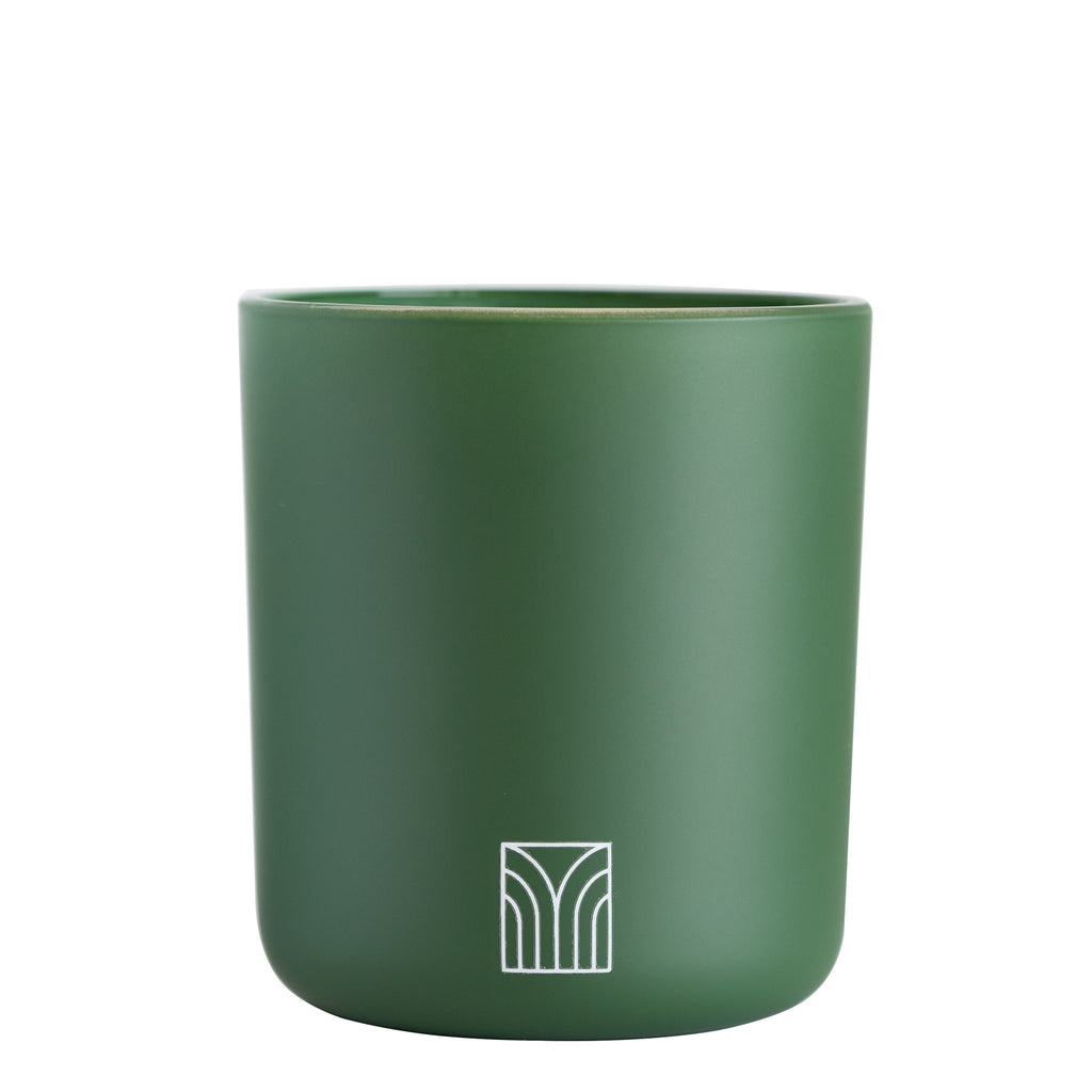 Green candle vessel, 2-wick, 12 oz, green with white logo